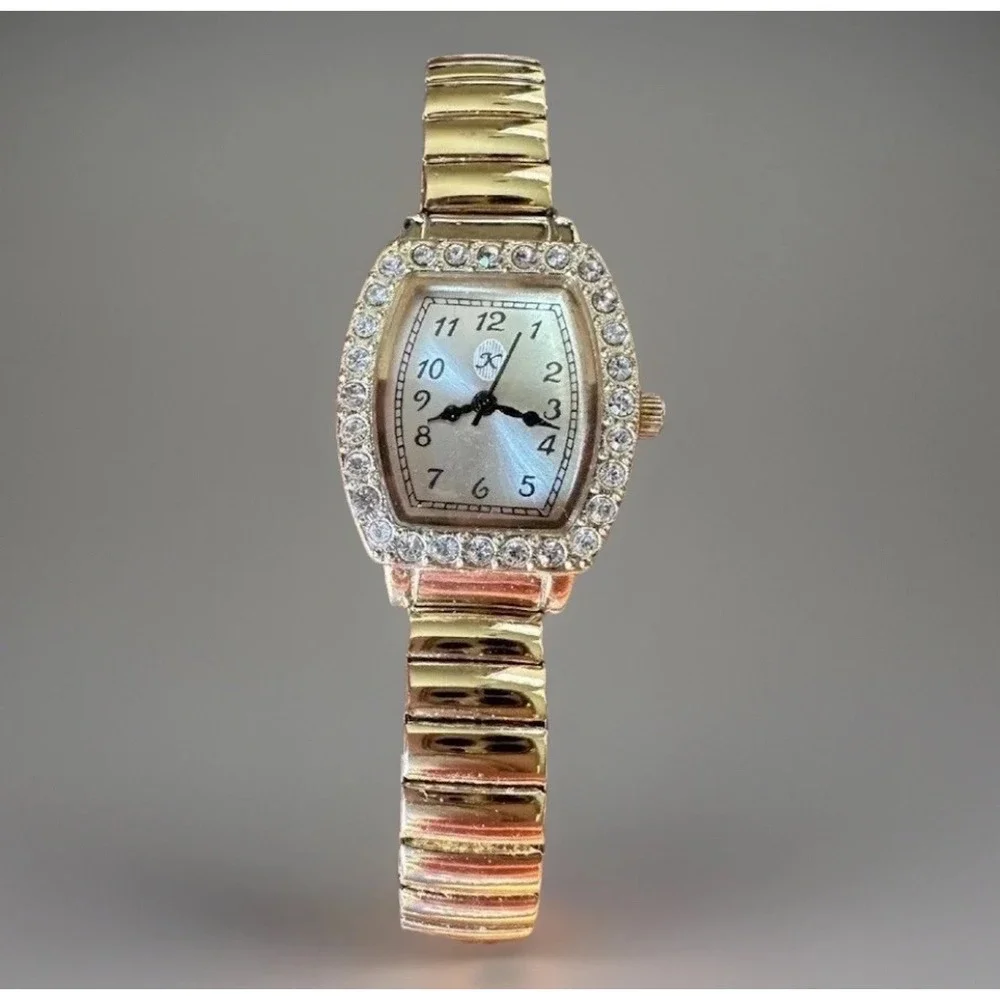 Analog Watch Rhinestone Bezel Quartz Gold Stainless‎ Steel Flex Band WORKING